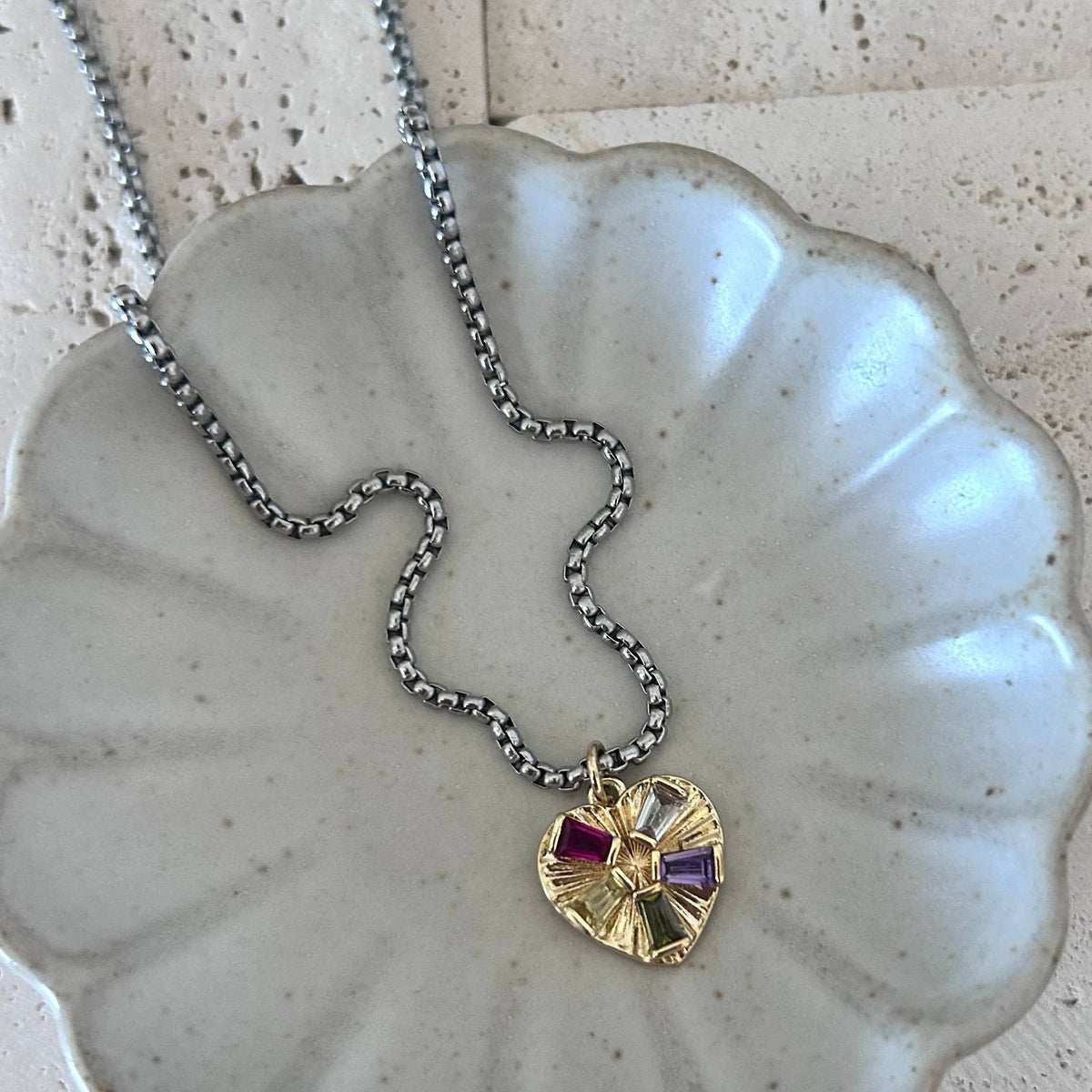 Pave Heart charm pendant necklace gold and silver layering