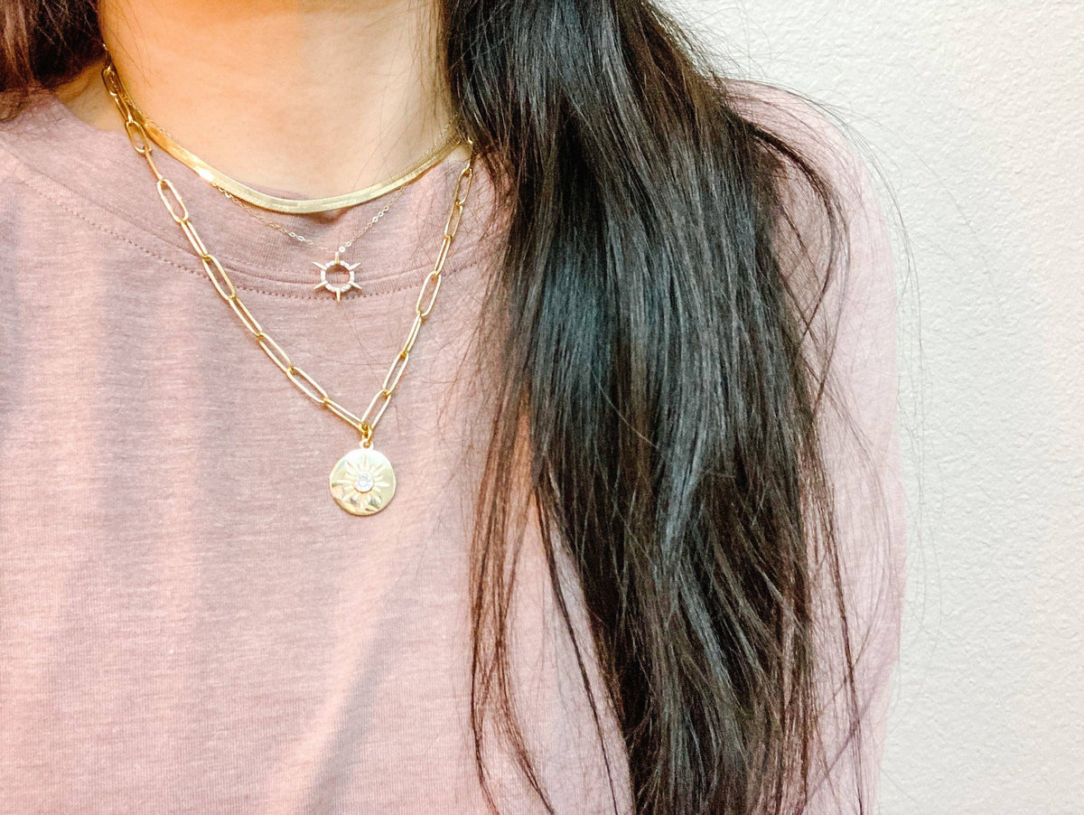 Gold sun coin necklace paperclip gold plated chain medallion
