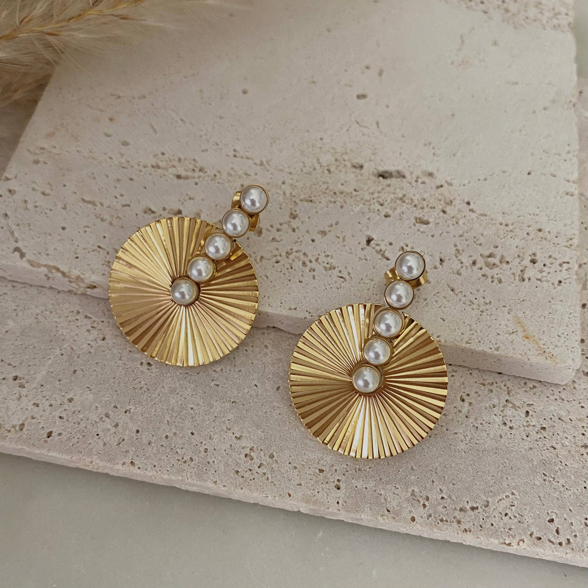 Pearls Bar Medallion Bold Earrings Gold Plated Stainless