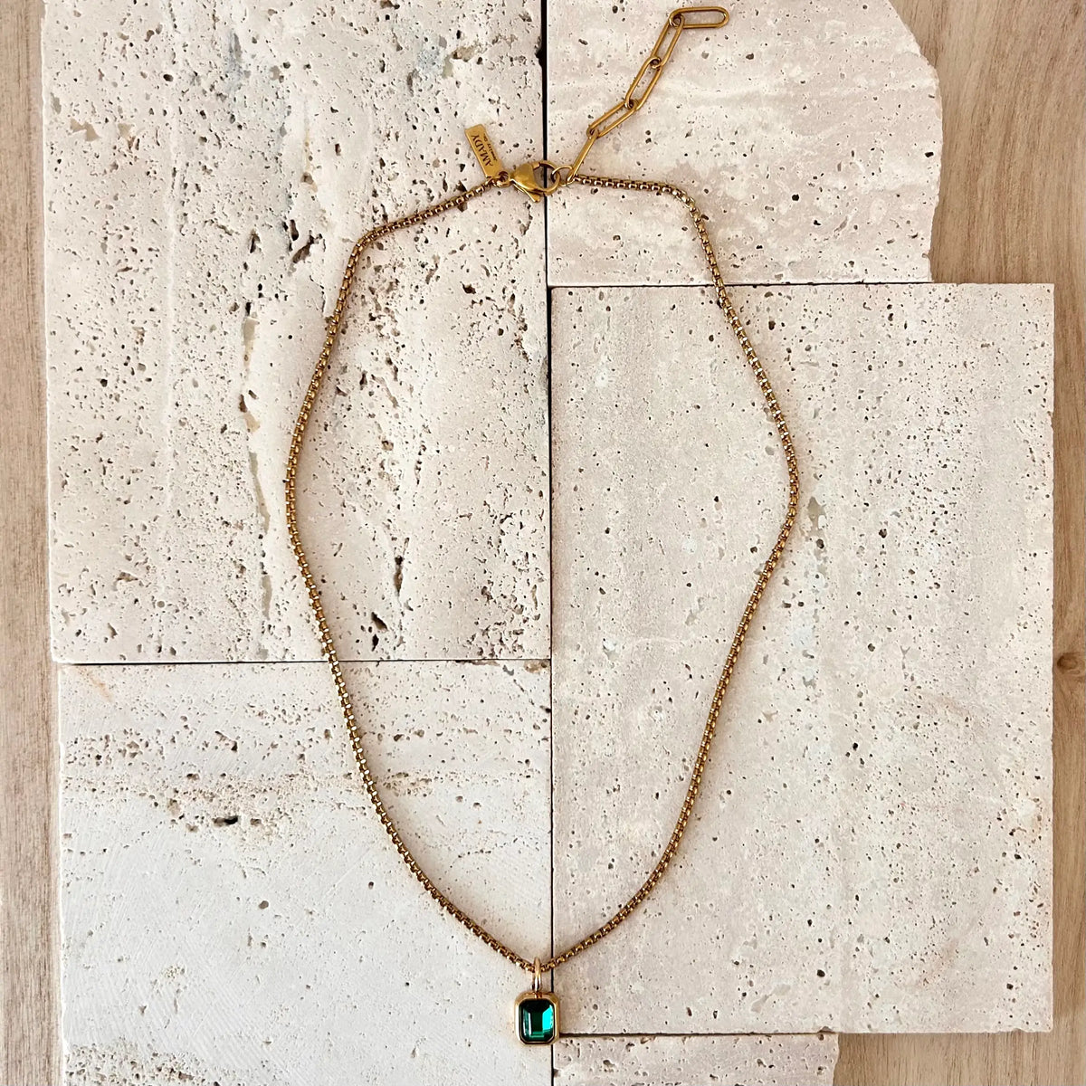 Green Crystal Pendant Necklace 18k gold plated box chain