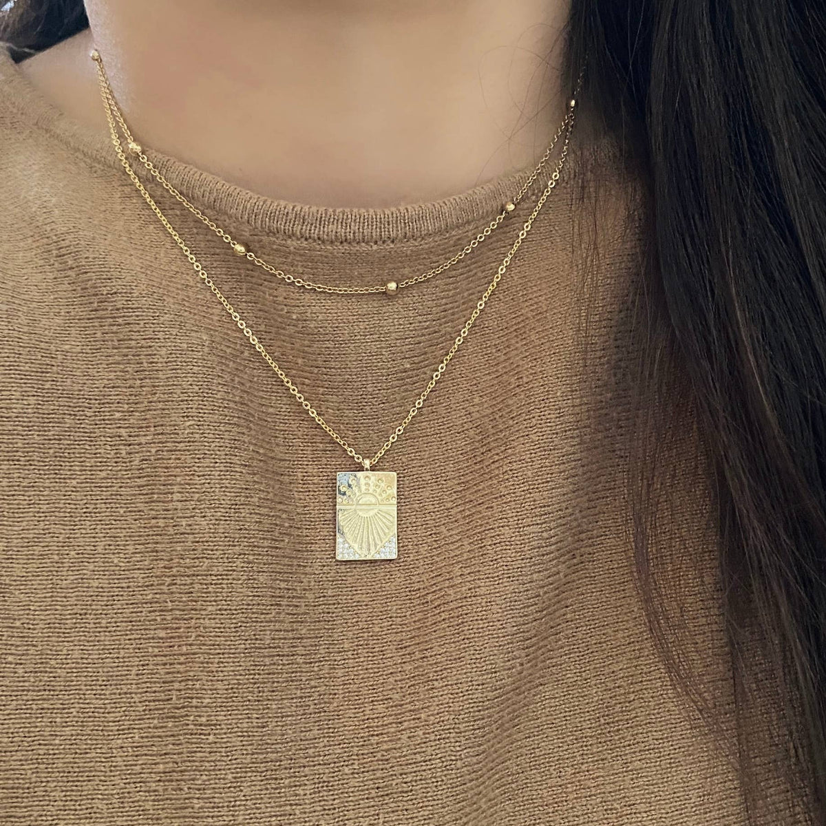 Sunrise Sun Medallion charm pendant 18k gold filled chain