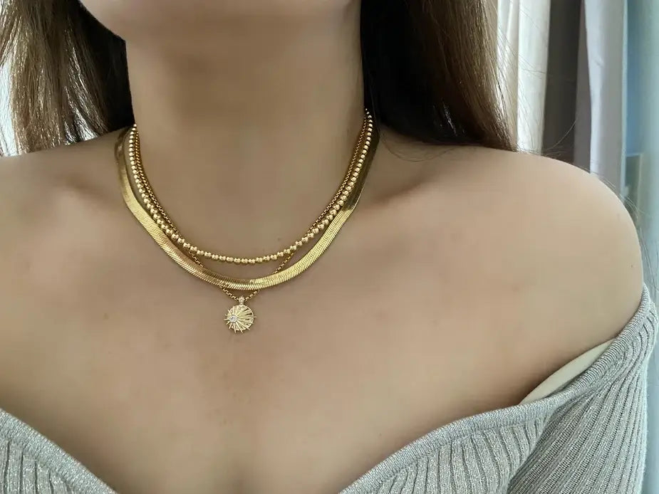 18k Gold Plated beaded layering necklace waterproof