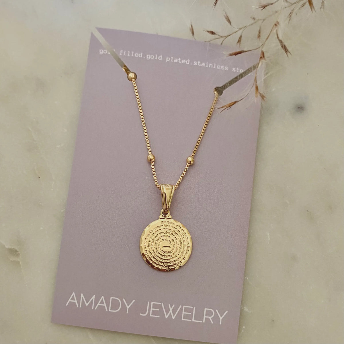 Our Father prayer coin charm necklace 18k GF satellite chain