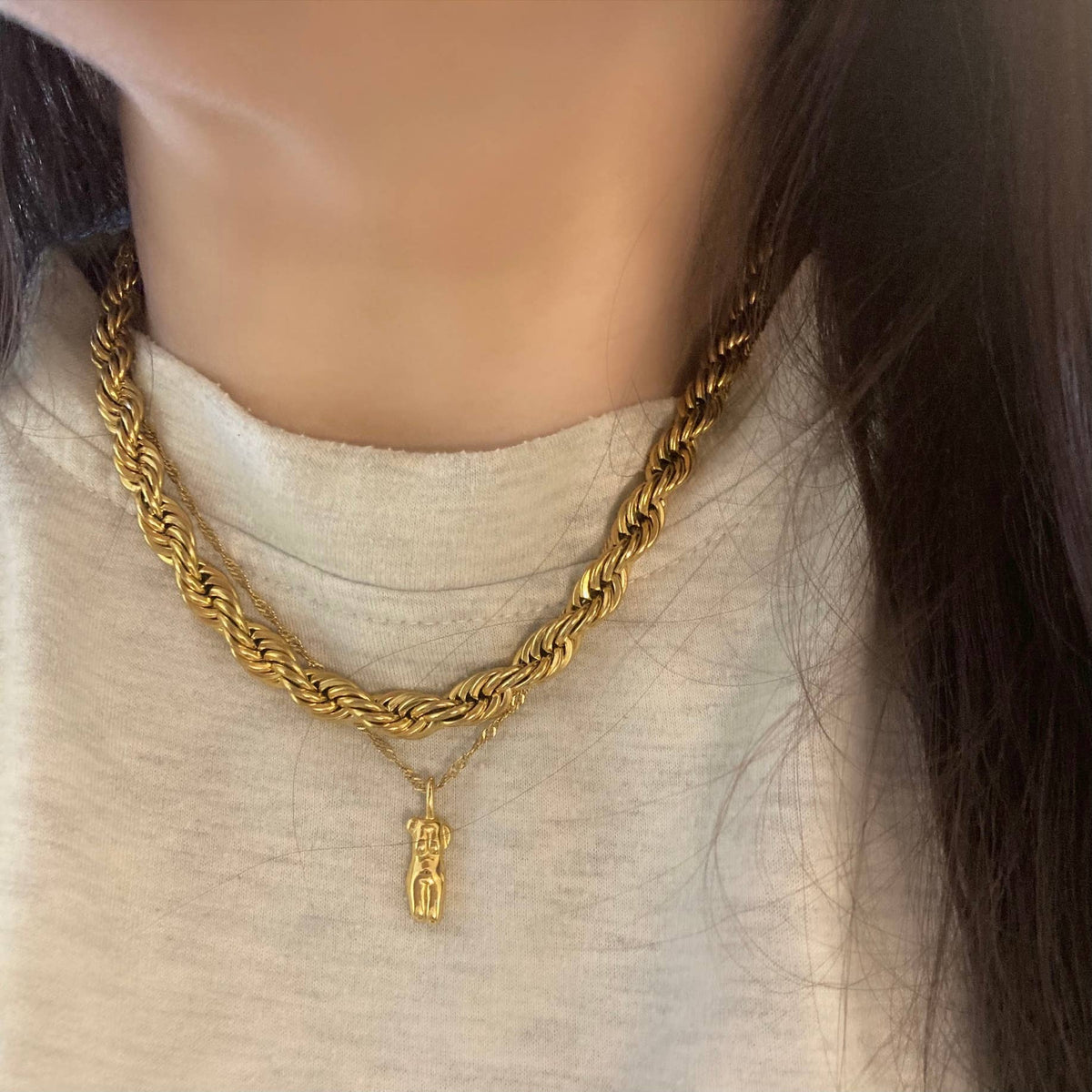 Thick Rope Chain Layering Necklace 18K Gold Plated