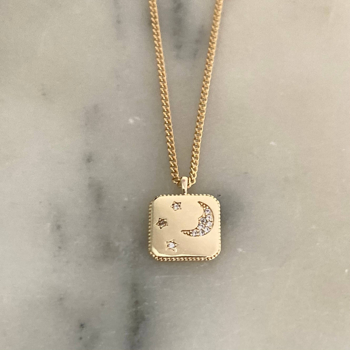Square Medallion Coin Crescent Moon 18K gold filled necklace