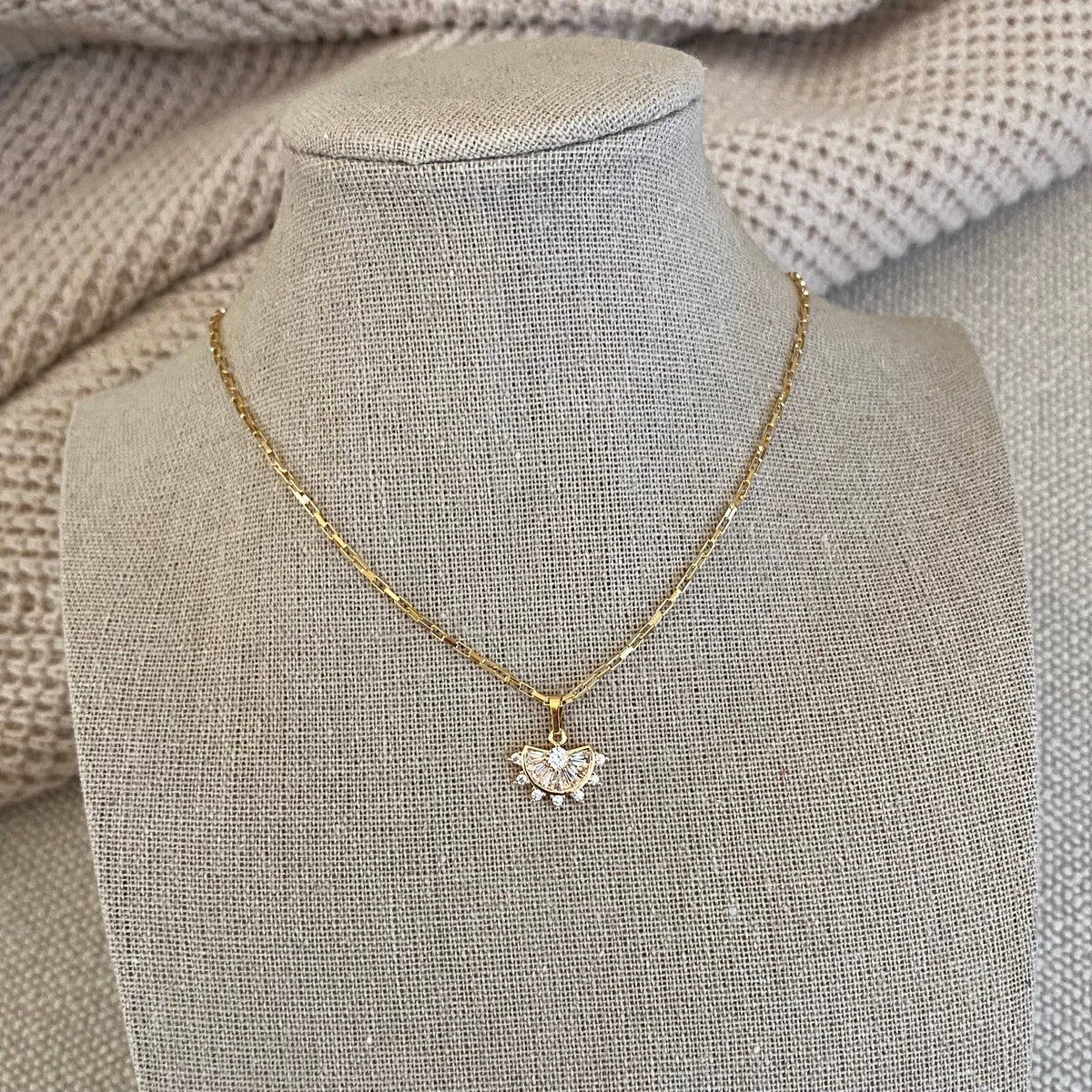 Crystals Fan Charm Pendant 18k Gold Filled Chain necklace