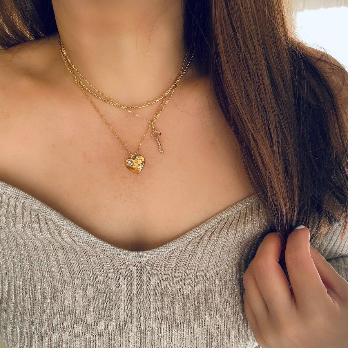 Heart shaped charm necklace glass stones 18k Gold Filled