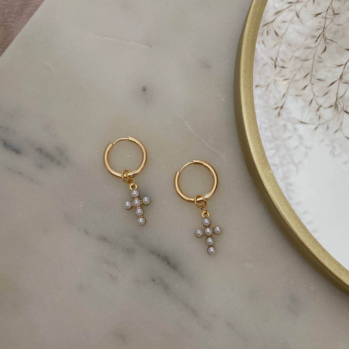 Cross hoops beaded imitation pearls 14k gold plated dangle