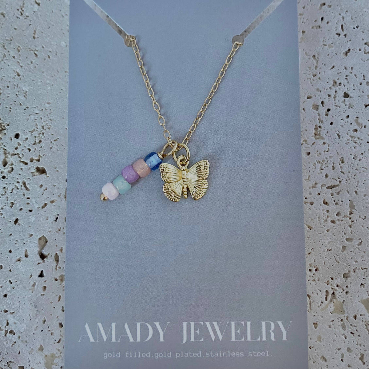 Small Butterfly charm colorful beaded bar pendant necklace