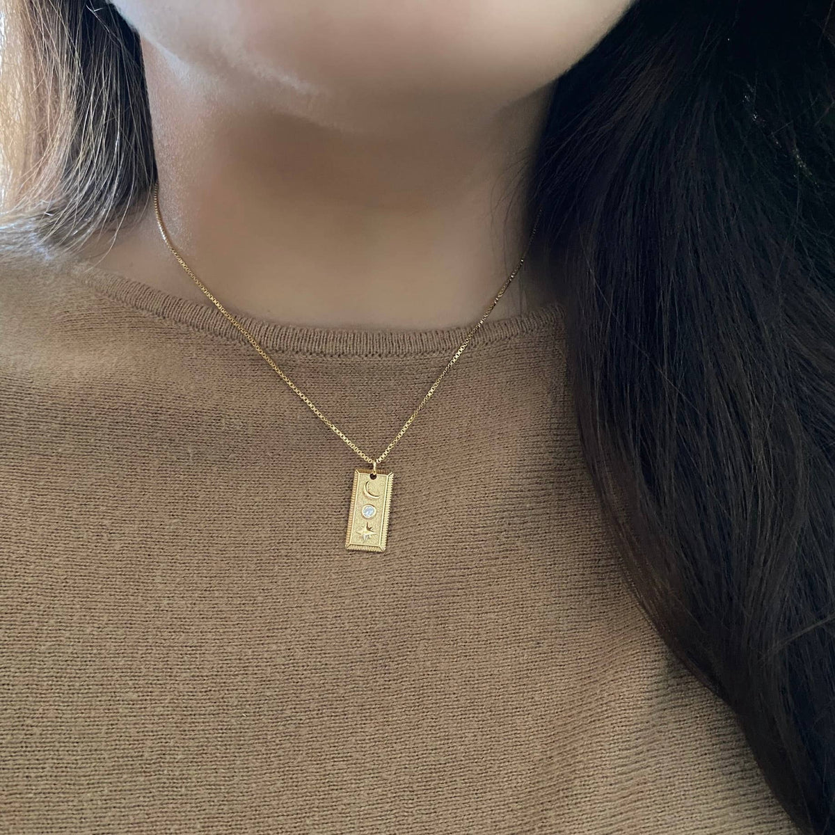 Moon Crescent + Star Pendant Layering Necklace 18K gold