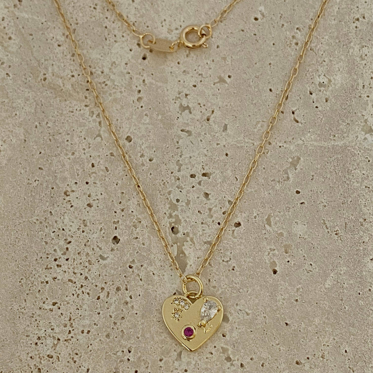 Heart shaped charm necklace glass stones 18k Gold Filled