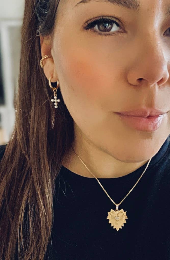 Cross hoops beaded imitation pearls 14k gold plated dangle