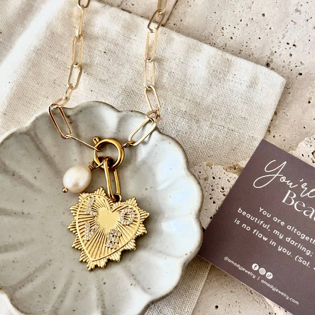 Heart and Pearl Paperclip chain necklace layering statement