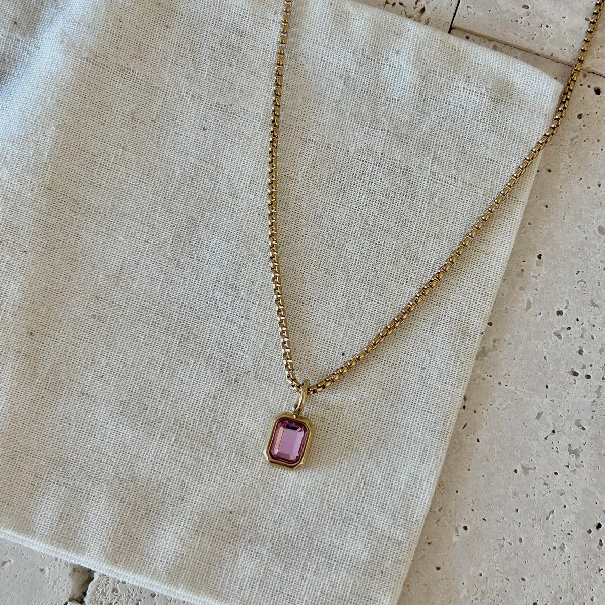 Pink Crystal Pendant Necklace 18k gold plated box chain