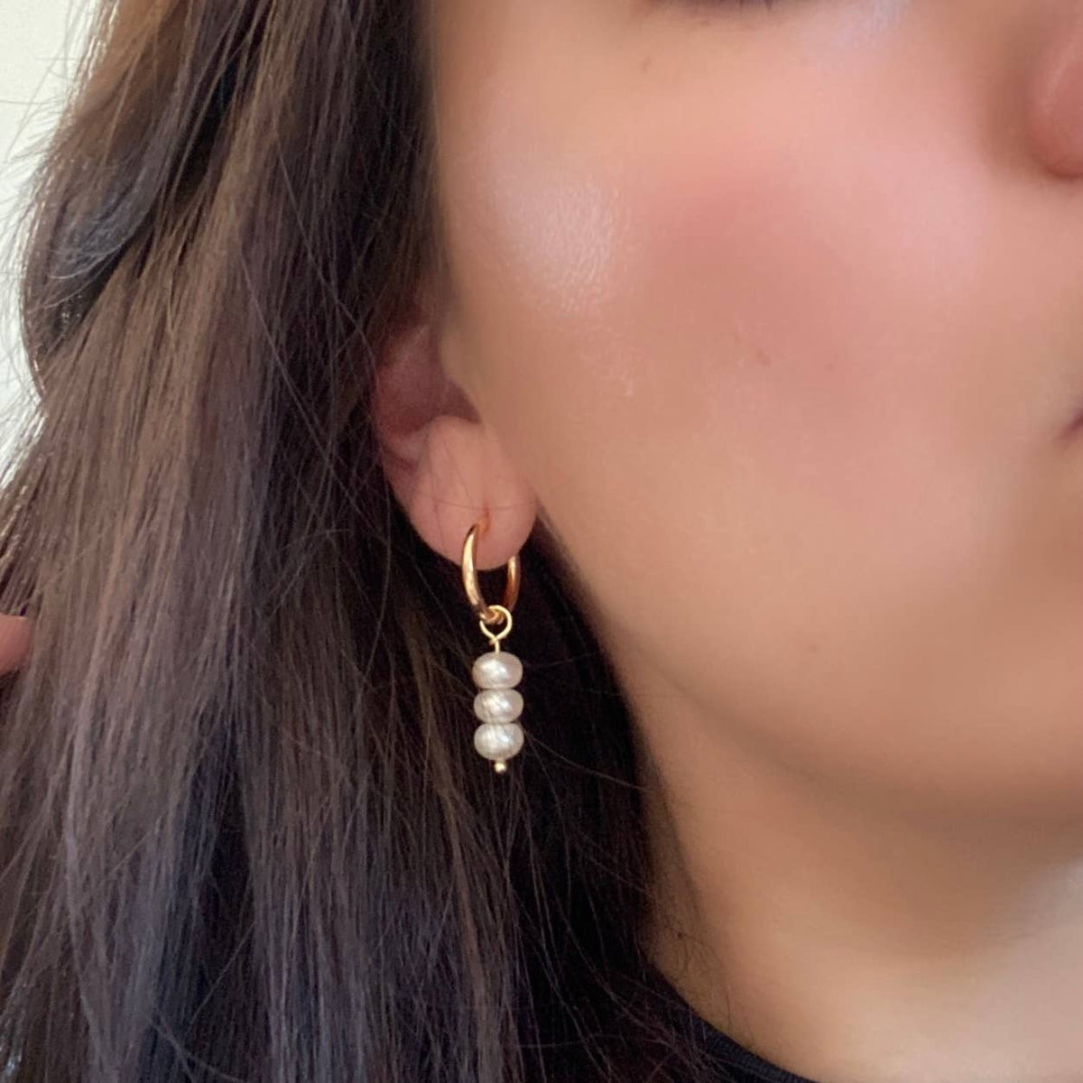 Pearls Dangle Drop Hoop Earrings 14k Gold Plated