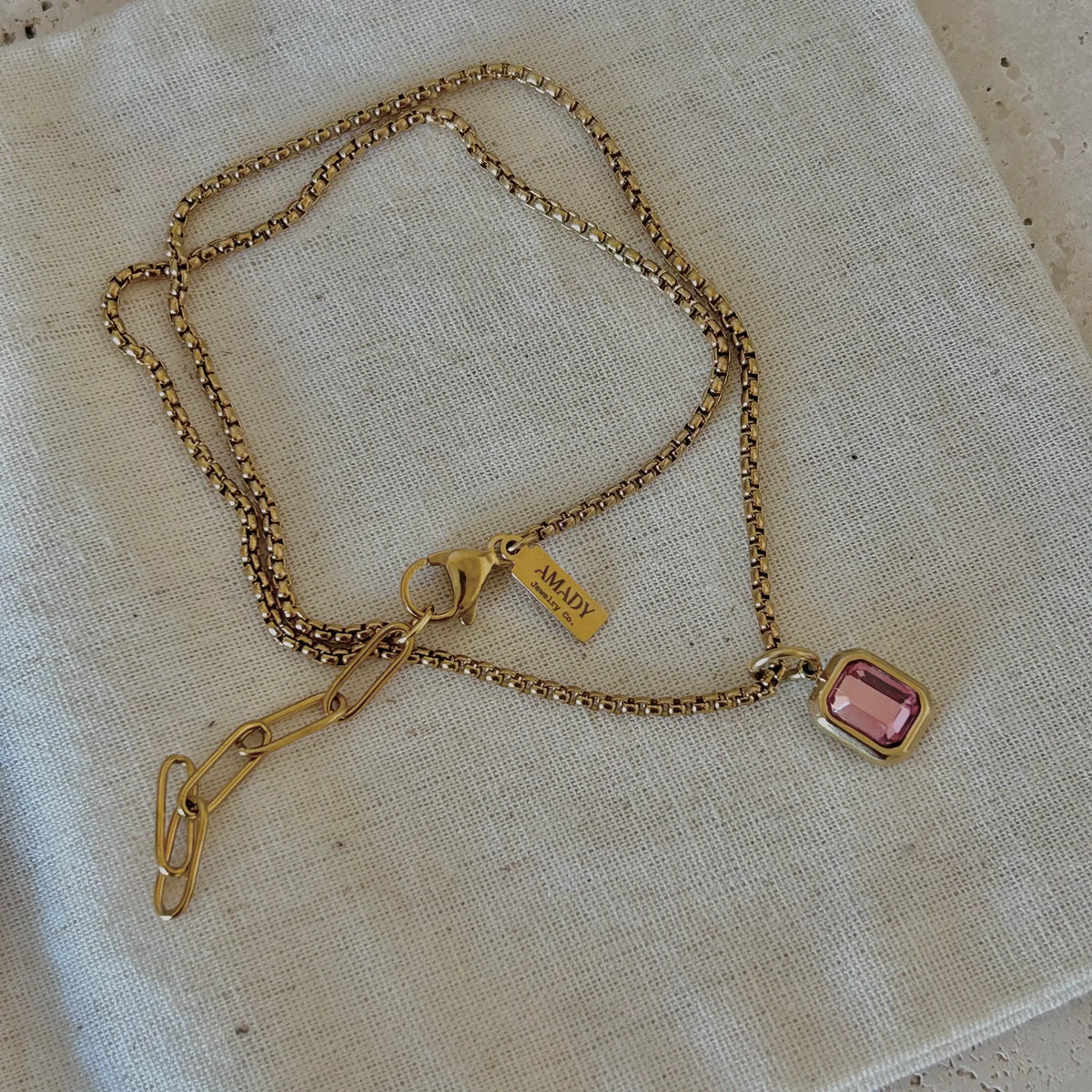 Pink Crystal Pendant Necklace 18k gold plated box chain