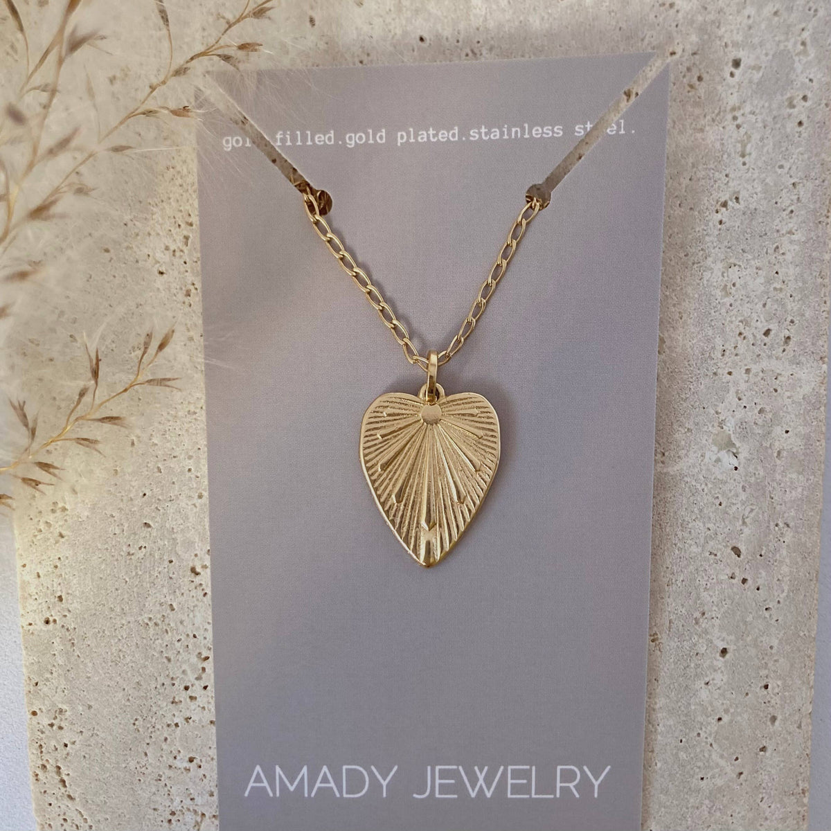 Heart shape charm pendant necklace 18k gold filled 18" long