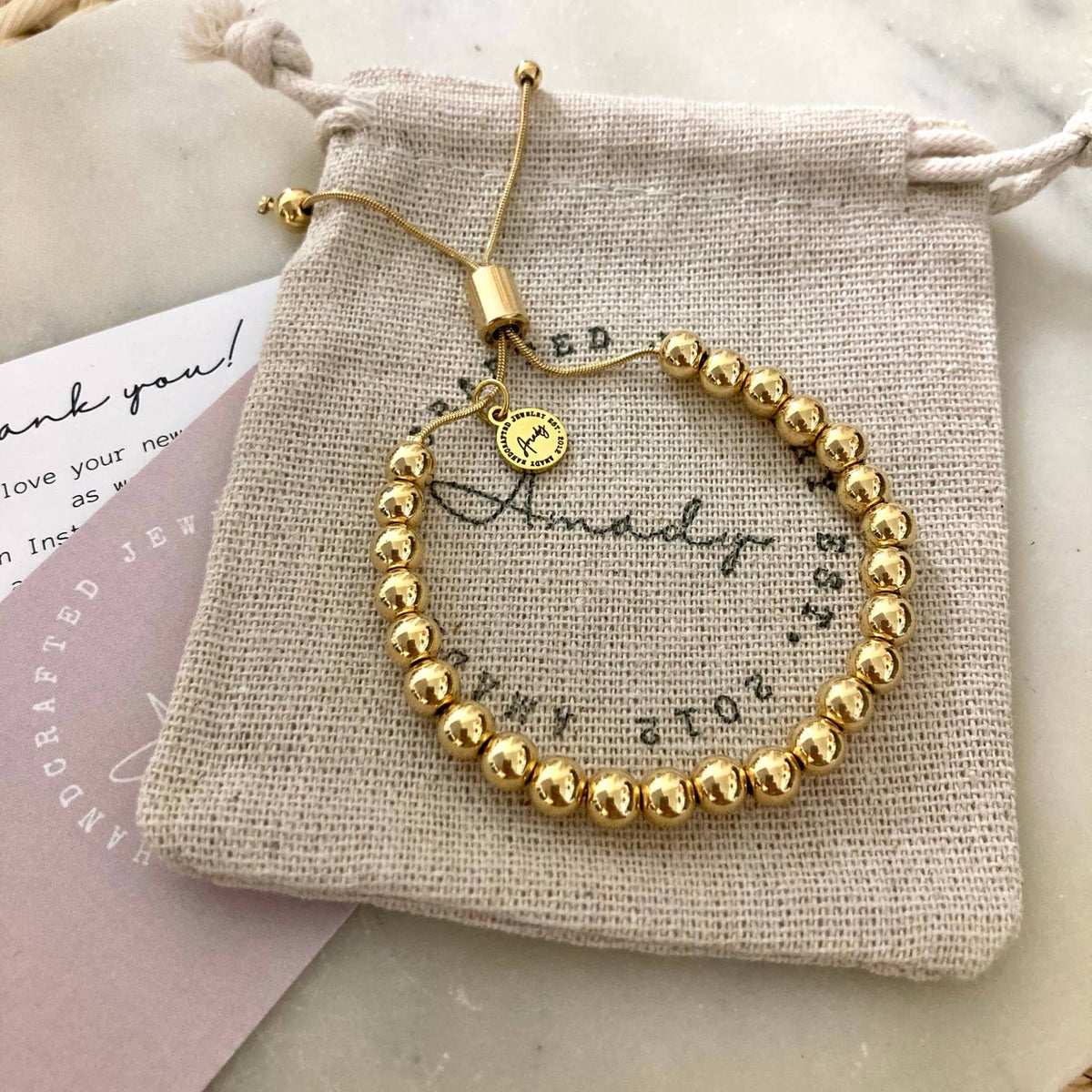 Gold beaded adjustable bracelet, 24k Gold-plated layering