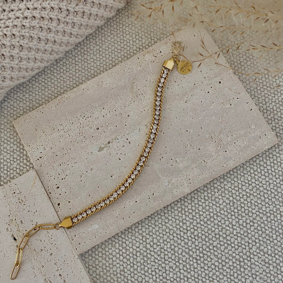 Braided chain and rhinestones tennis bracelet 18k GP