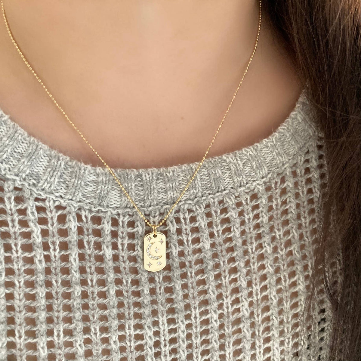Half Moon Crescent Star Medallion 18K gold dog tag necklace