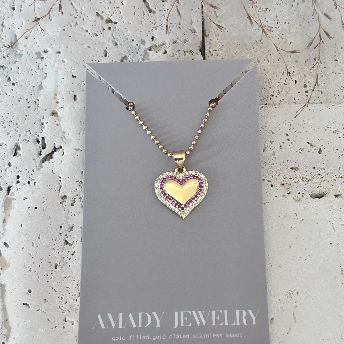 Small Heart Pave Pendant necklace pink glass beaded chain