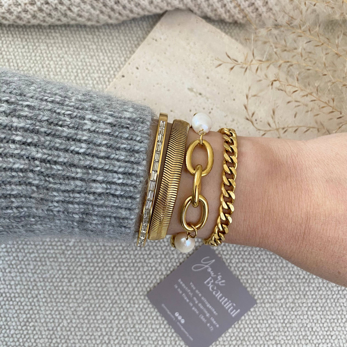 Oval chain big pearl bracelet 18k gold plated stainless stee