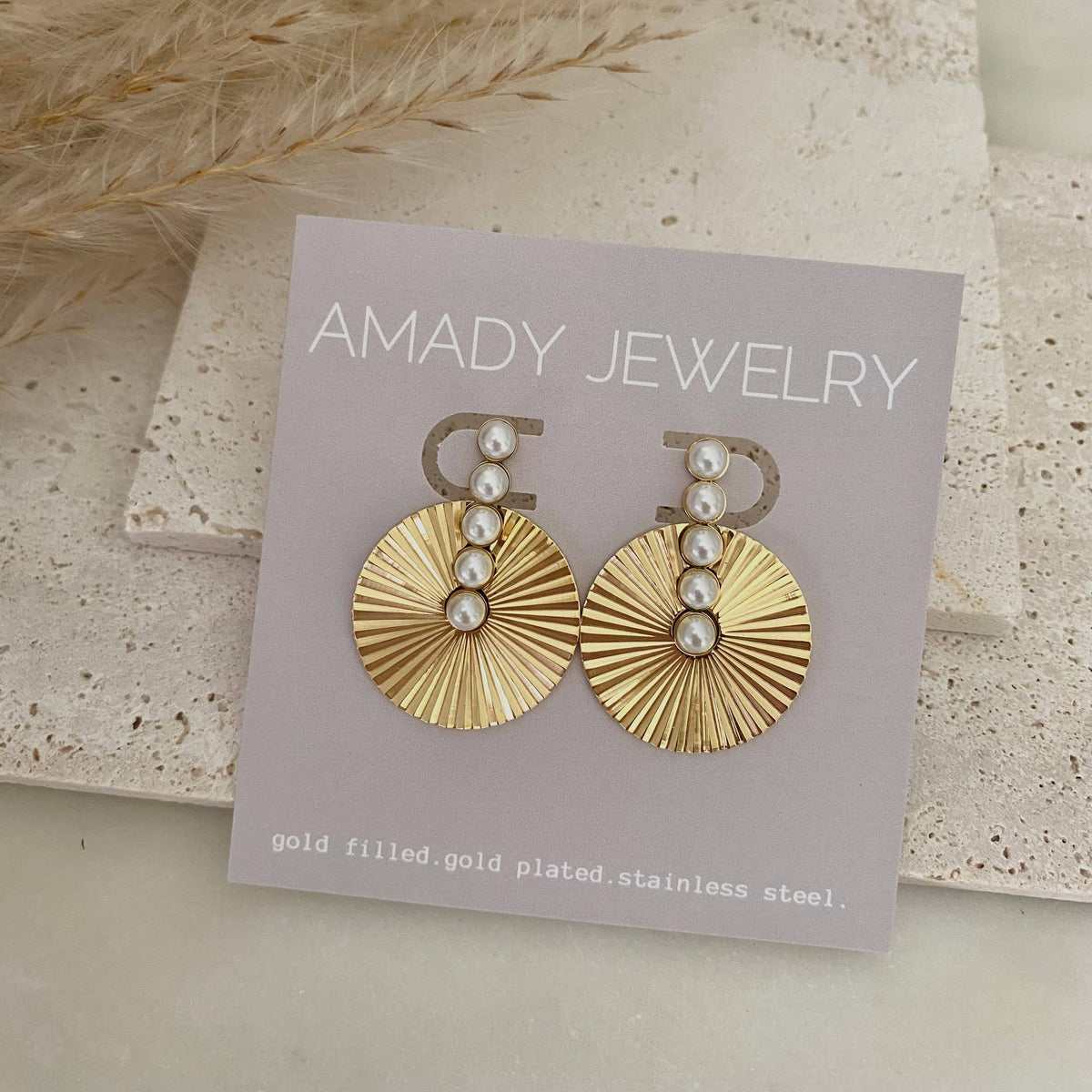 Pearls Bar Medallion Bold Earrings Gold Plated Stainless