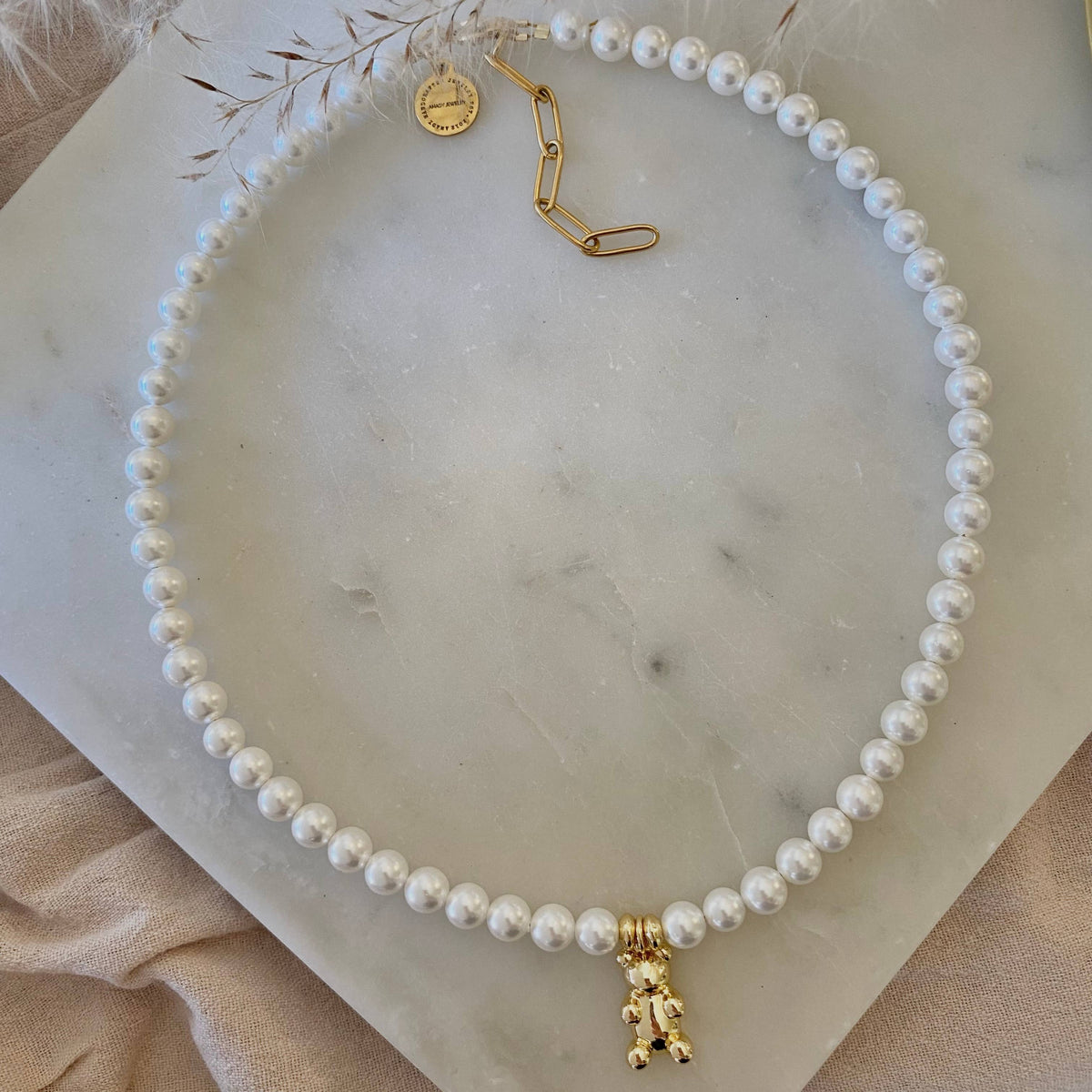 Teddy bear charm, pearls necklace natural mother of pearls