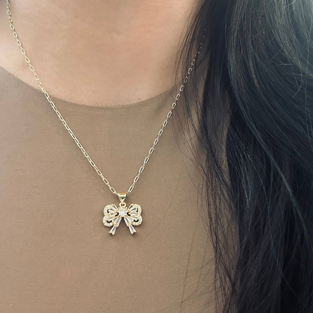 Bow pendant necklace rhinestones 18k gold filled paperclip