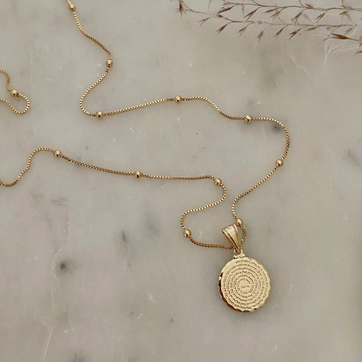Our Father prayer coin charm necklace 18k GF satellite chain
