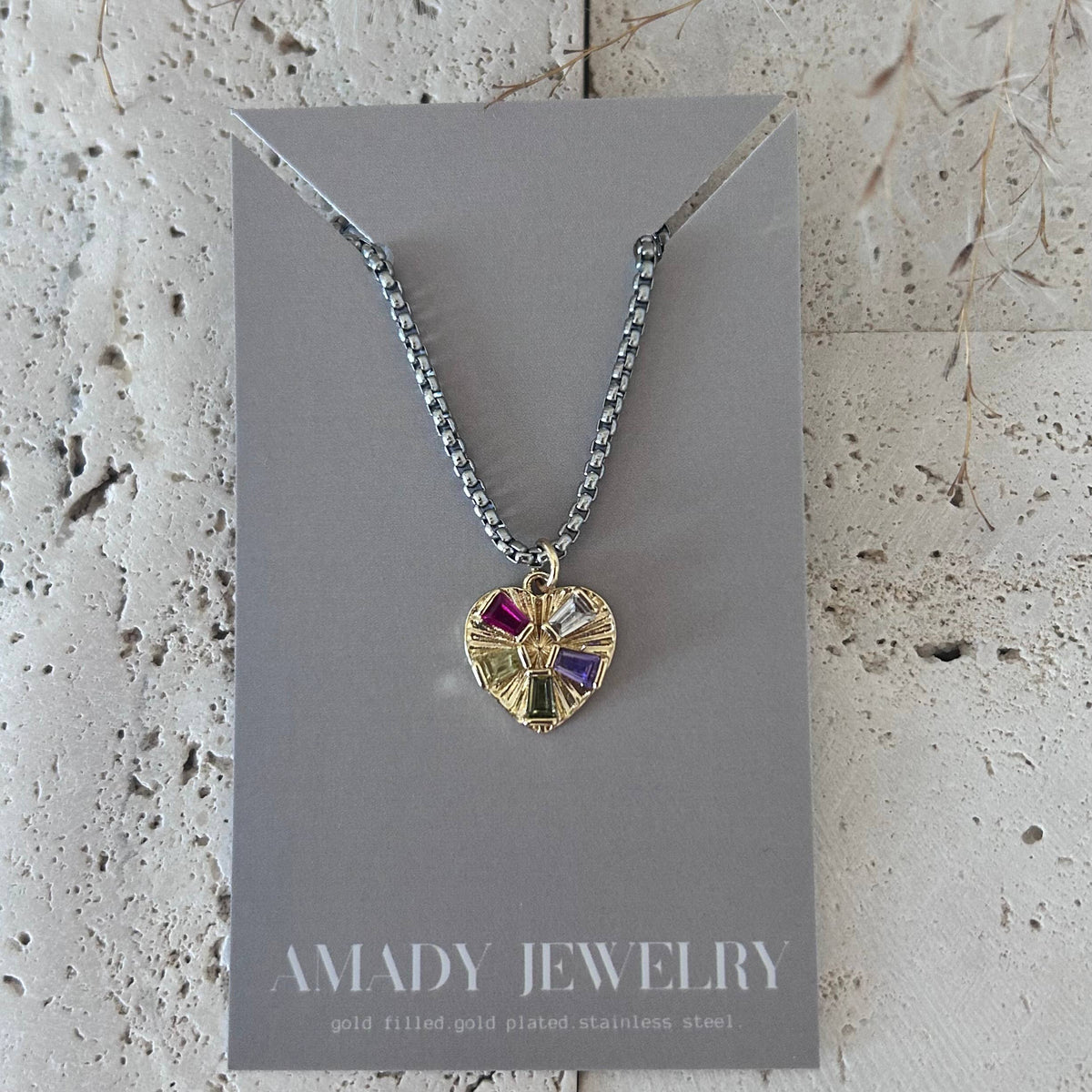 Pave Heart charm pendant necklace gold and silver layering