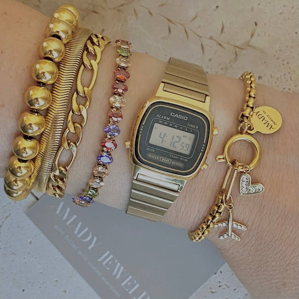 Figaro curb chain layering bracelet 18k gold plated