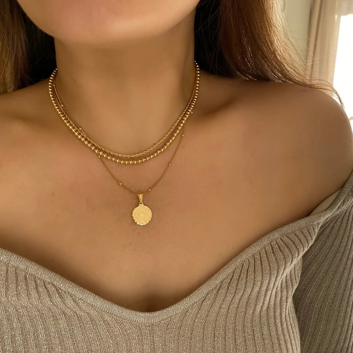 Our Father prayer coin charm necklace 18k GF satellite chain