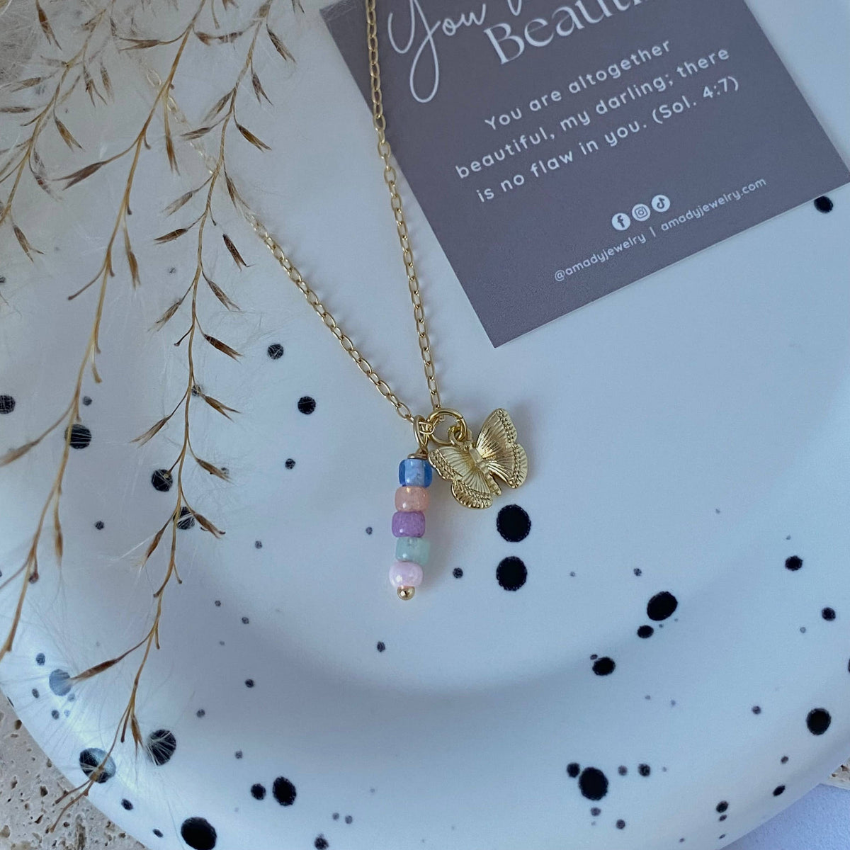 Small Butterfly charm colorful beaded bar pendant necklace