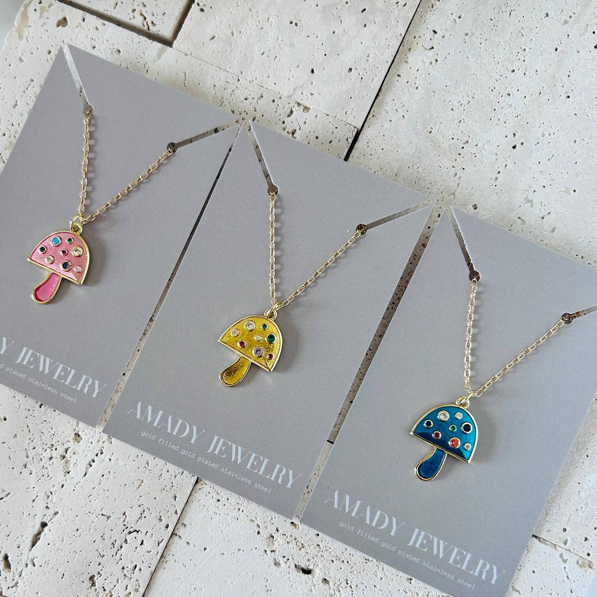 Small mushroom pendant necklace colorful spring summer chain