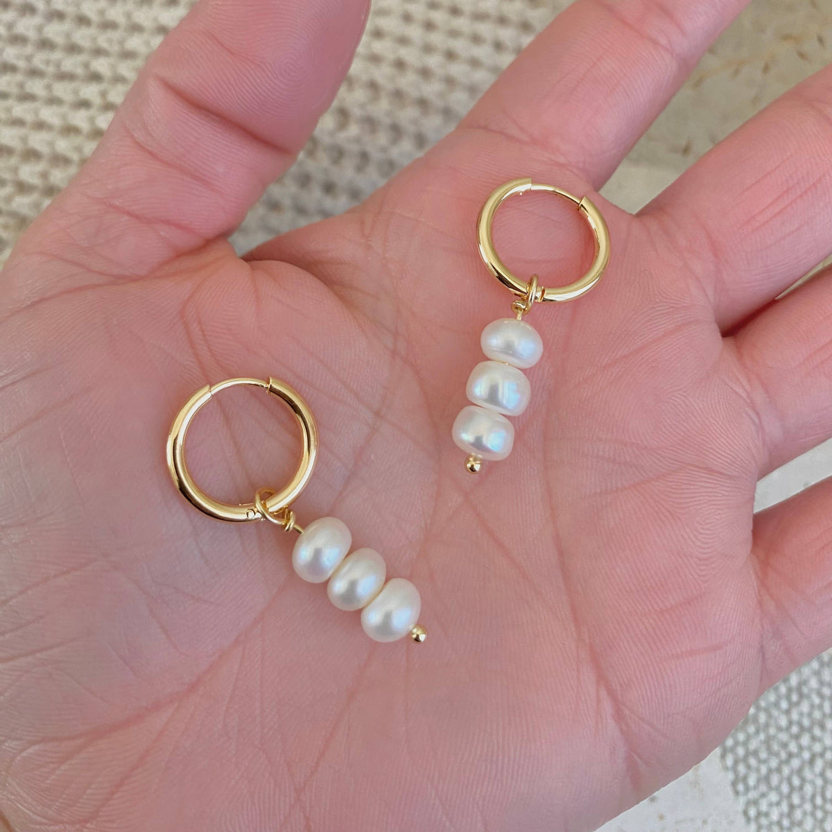 Pearls Dangle Drop Hoop Earrings 14k Gold Plated