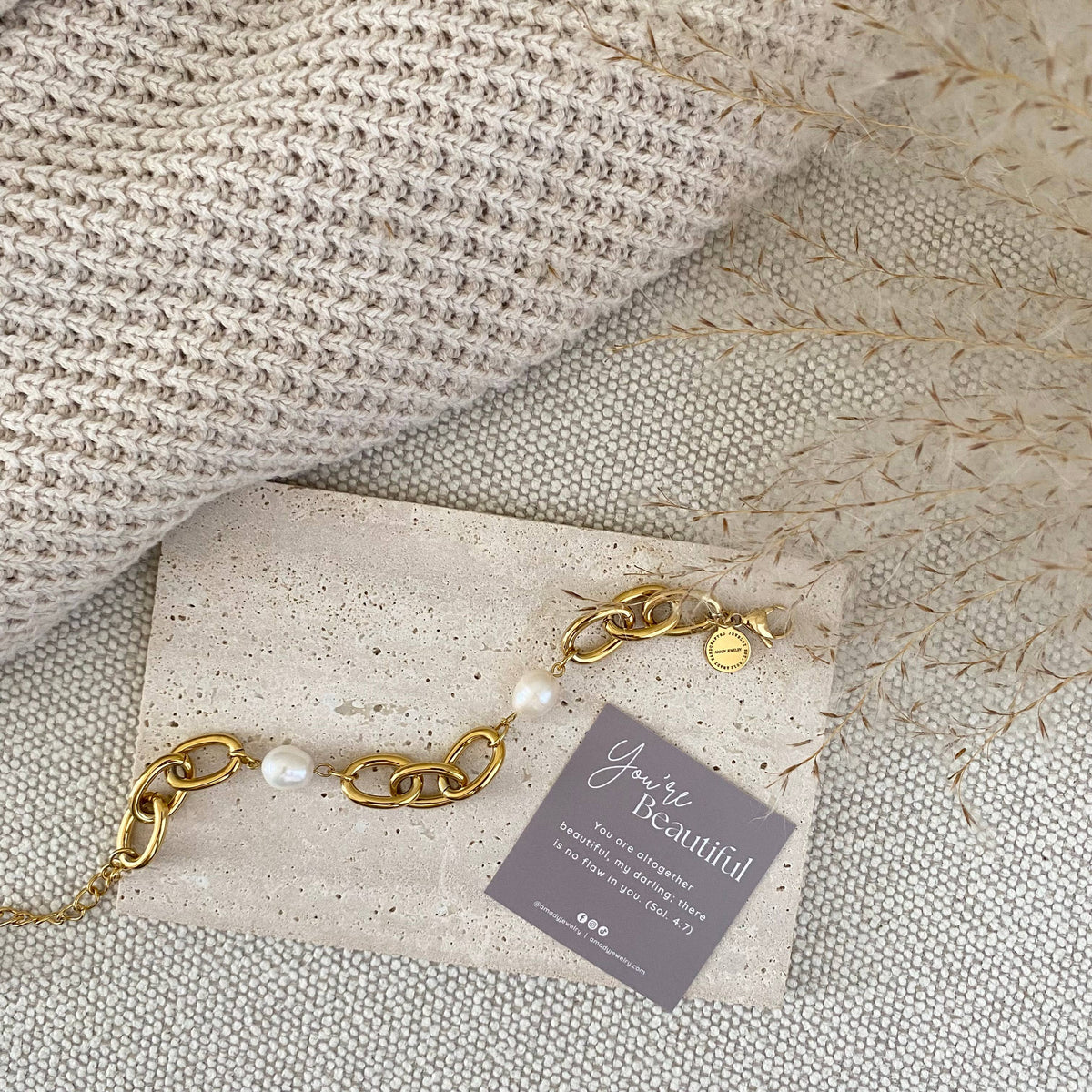 Oval chain big pearl bracelet 18k gold plated stainless stee