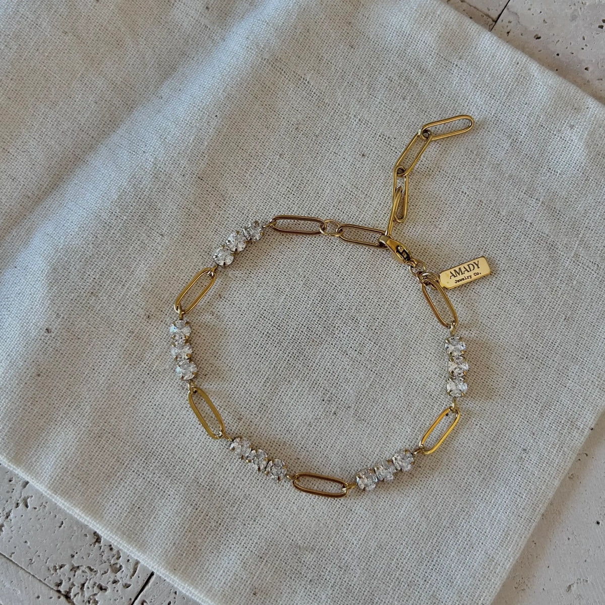 18k Gold Plated Paperclip tennis Chain Bracelet Rhinestones