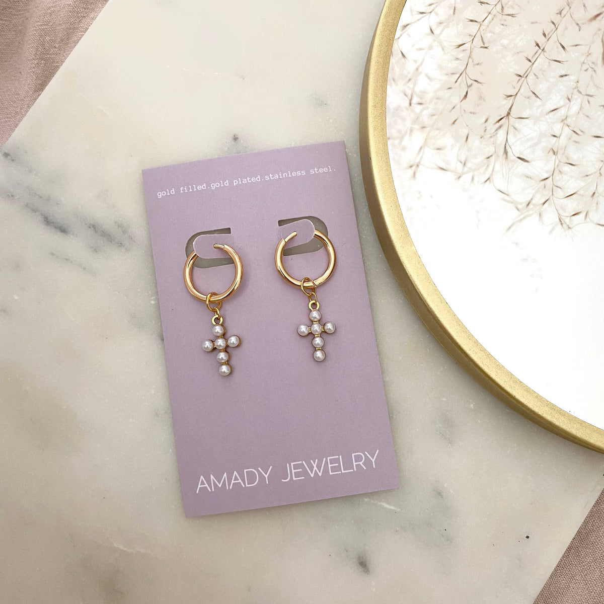 Cross hoops beaded imitation pearls 14k gold plated dangle