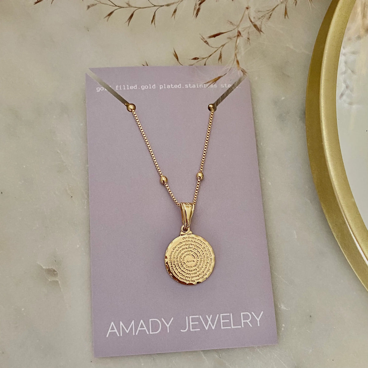 Our Father prayer coin charm necklace 18k GF satellite chain