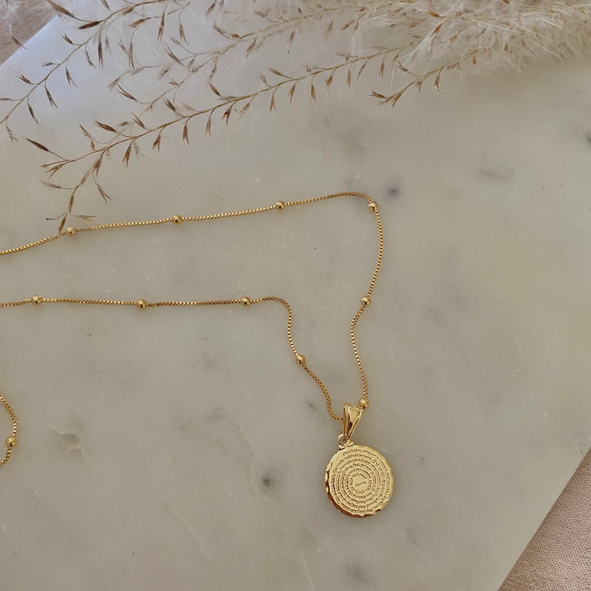 Our Father prayer coin charm necklace 18k GF satellite chain