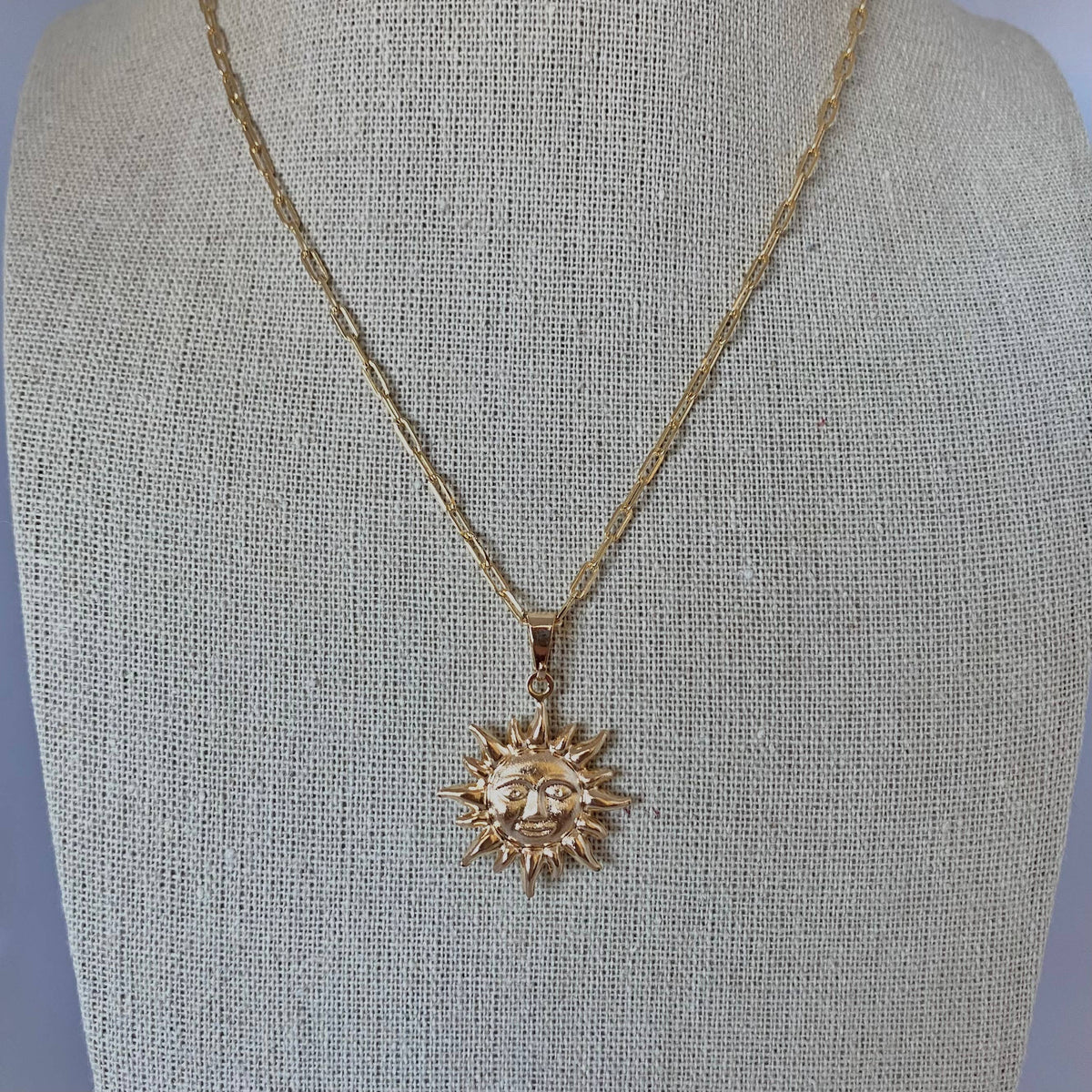 Sun face charm pendant necklace paperclip chain 18k gf