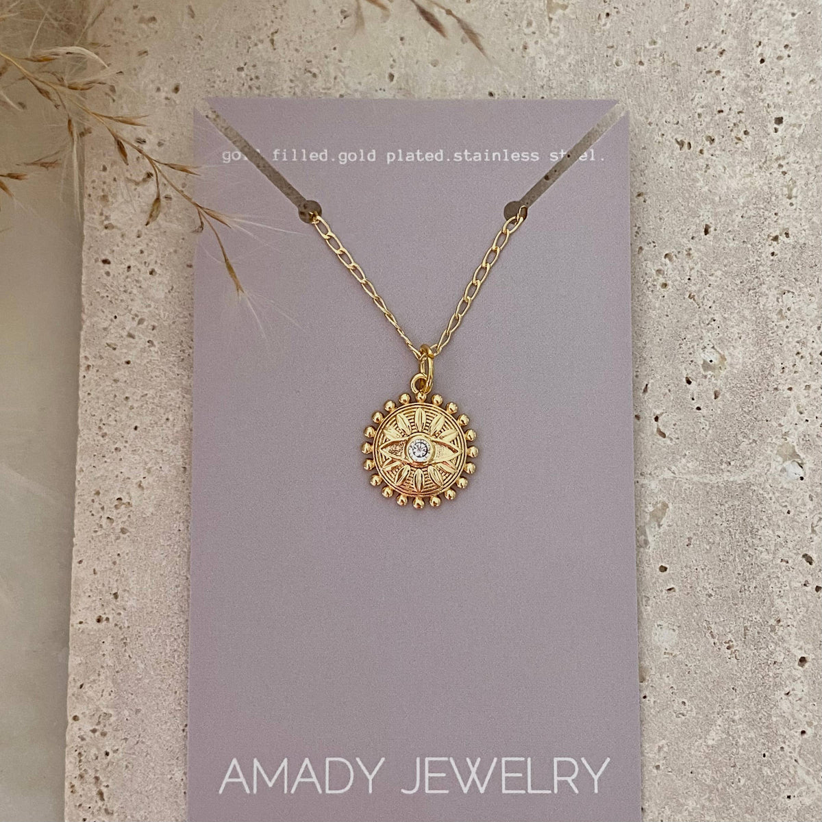 Flower Eye Medallion Coin necklace 18k Gold Filled