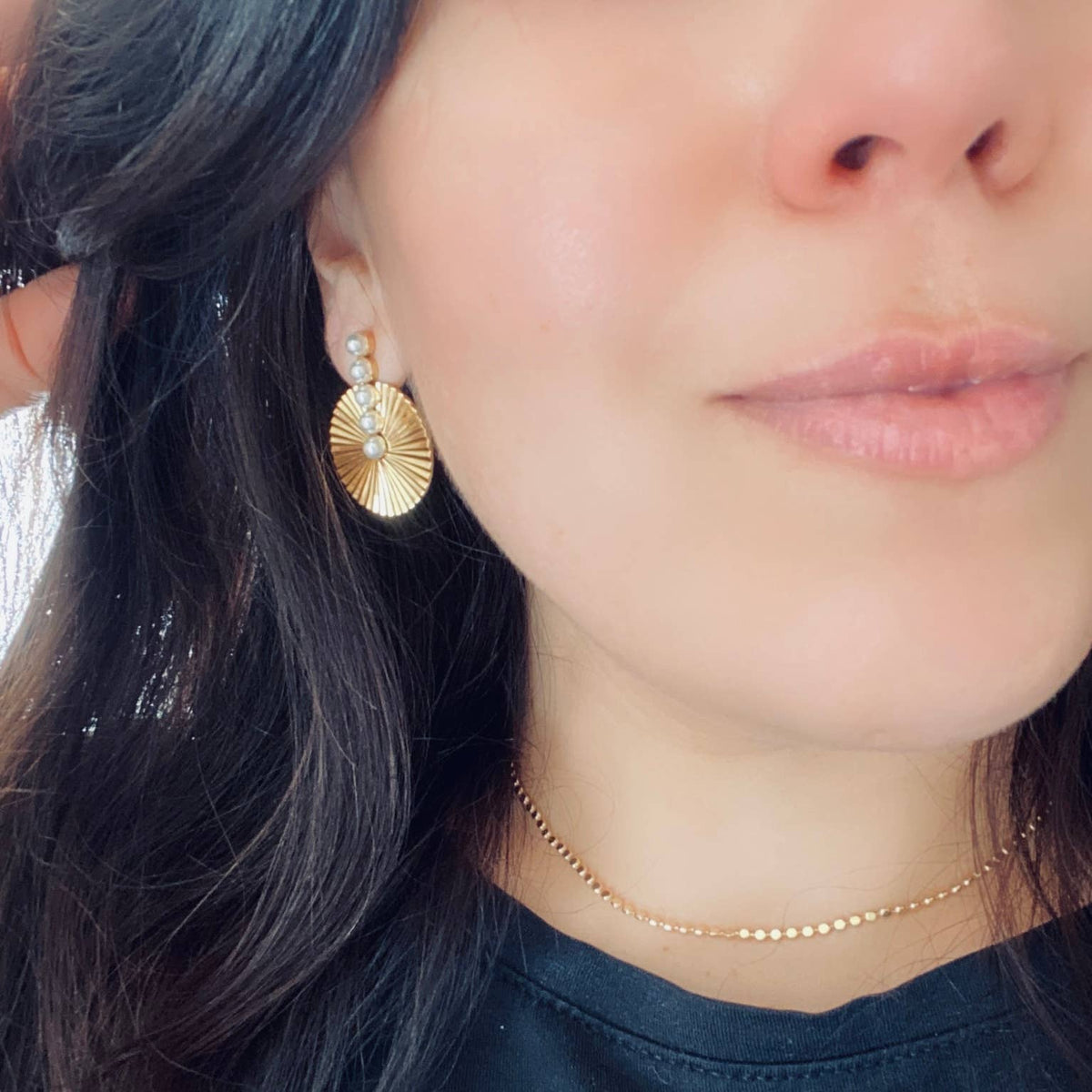 Pearls Bar Medallion Bold Earrings Gold Plated Stainless