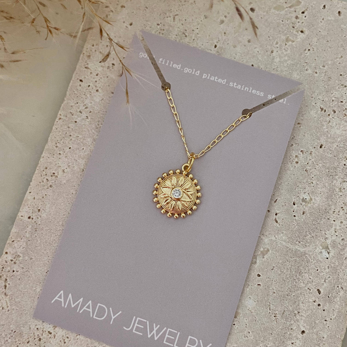 Flower Eye Medallion Coin necklace 18k Gold Filled