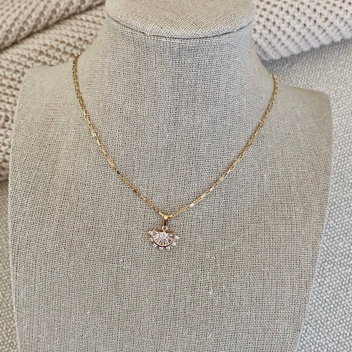 Crystals Fan Charm Pendant 18k Gold Filled Chain necklace
