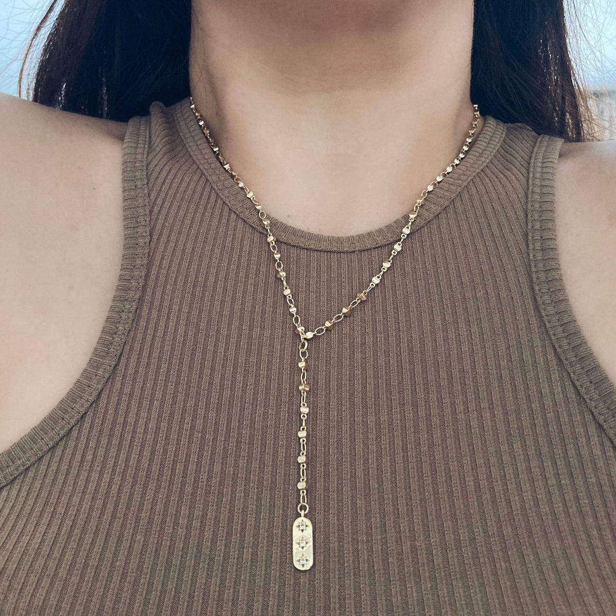Lariat necklace rosary beaded chain star pendant lariat gold