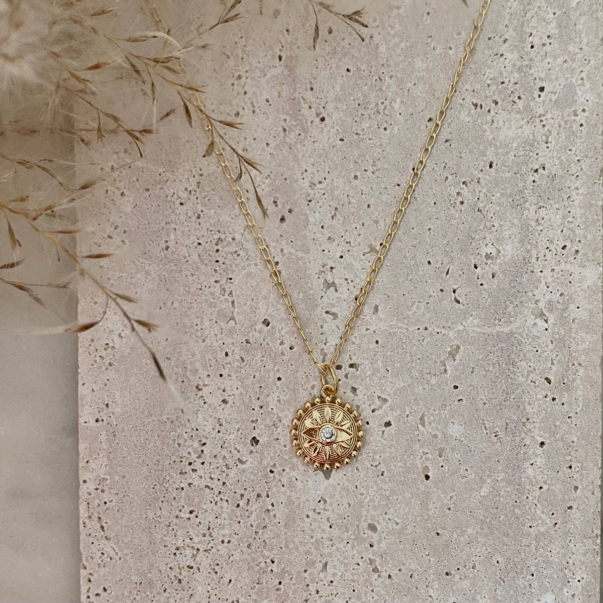 Flower Eye Medallion Coin necklace 18k Gold Filled