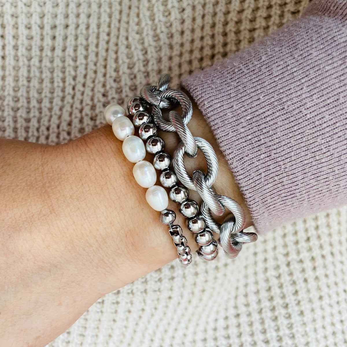 Pearls Bracelet Silver stainless steel box chain adjustable