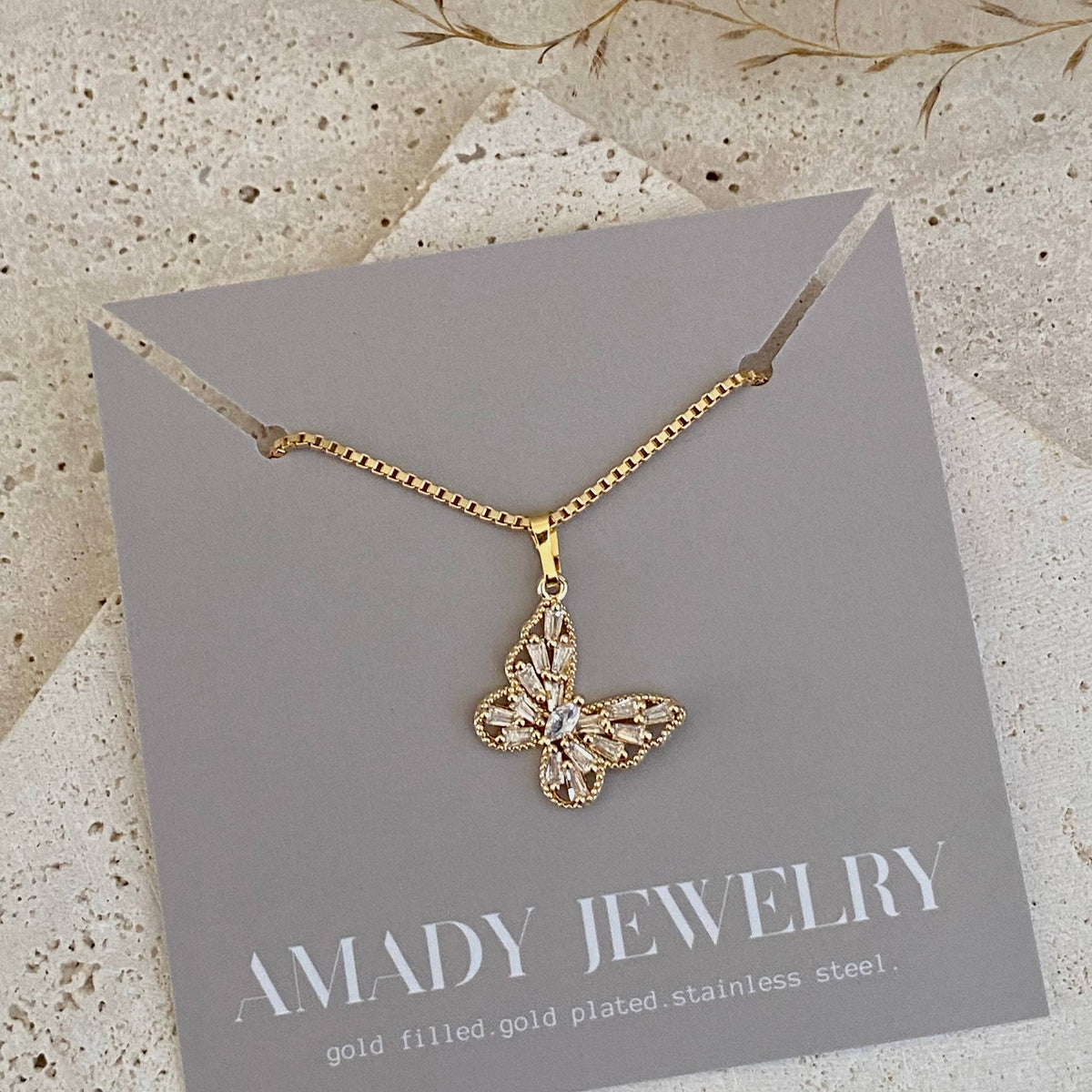 Butterfly Rhinestones Charm Pendant Necklace 18 Gold Filled